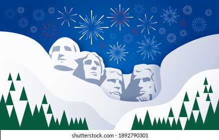 Presidents Day vector illustration - Rushmore four presidents USA background with fireworks - greeting card, banner, poster illustration