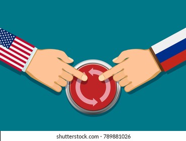 Presidents of the USA and Russia press the red button of the restart of relations. Stock vector illustration.