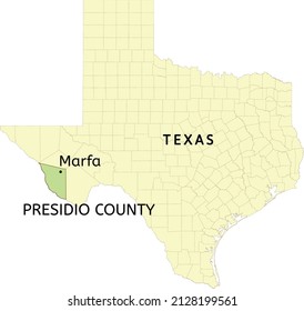 Presidio County and city of Marfa location on Texas state map