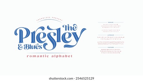 The Presley Blues: Uma sofisticada fonte em linha serif com letras maiúsculas e números. Perfeito para projetos limpos e elegantes e tipografia intemporal.