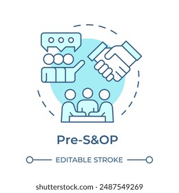 Pre-SOP soft blue concept icon. Business meeting and negotiations. Decision making. Team building. Round shape line illustration. Abstract idea. Graphic design. Easy to use article