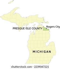 Presque Isle County and city of Rogers City location on Michigan state map