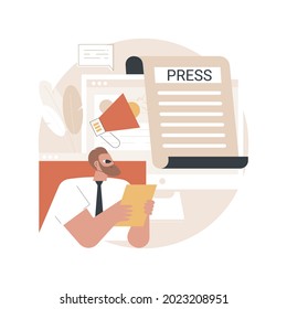 Pulse la ilustración abstracta del vector de concepto. Prensa sobre nosotros, artículos y publicaciones, menciones de la empresa, elemento de barra de menú del sitio web, interfaz de usuario, noticias corporativas, página de inicio, metáfora abstracta de interfaz.