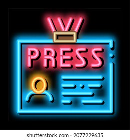 Press Badge Card neon light sign vector. Glowing bright icon Press Badge Card isometric sign. transparent symbol illustration