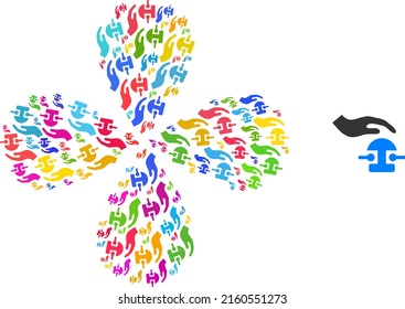 Press bell icon bright explosion flower with 4 petals shape. Element cluster composed from scattered press bell symbols. Vector flower icon collage in flat style.
