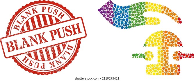 Press bell mosaic icon of circle spots in variable sizes and rainbow bright color tints. Red round distress stamp with Blank Push title. A dotted LGBT- colored press bell for lesbians, gays,