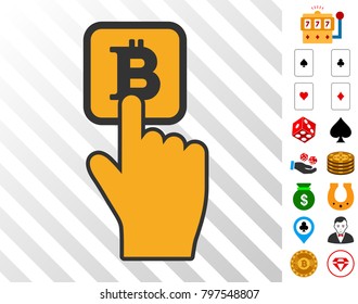 Press Bitcoin Button icon with bonus gamble pictures. Vector illustration style is flat iconic symbols. Designed for casino websites.