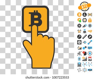Press Bitcoin Button pictograph with bonus bitcoin mining and blockchain symbols. Vector illustration style is flat iconic symbols. Designed for bitcoin apps.