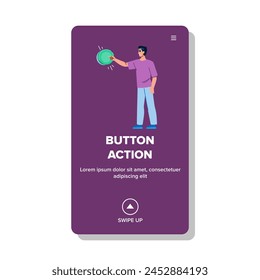 press button action vector. activate select, trigger execute, start play press button action web flat cartoon illustration