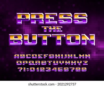 Press the Button alphabet font. Pixel letters and numbers in 80s video game style. Stock vector typeface.