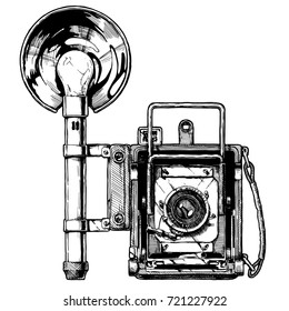 Press Camera With Optional Rangefinder And Attached Bulb Flash. Vector Hand Drawn Sketch Of Retro Photocamera In Vintage Engraved Style On White Background.