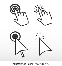 Press click the button. Clicks cursor here, arrow and finger. Pointer vector icon.