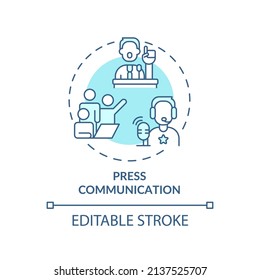 Press communication turquoise concept icon. Media outreach. Types of PR firms abstract idea thin line illustration. Isolated outline drawing. Editable stroke. Arial, Myriad Pro-Bold fonts used
