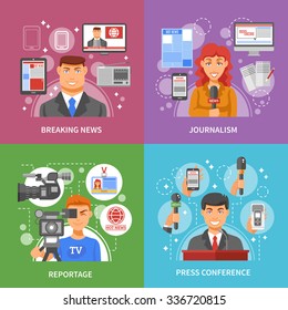 Press concept icons set with breaking news reportage and press conference symbols flat isolated vector illustration 