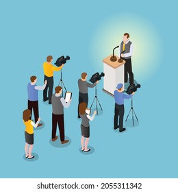 Press Conference 3d isometric vector illustration concept for banner, website, landing page, ads, flyer template