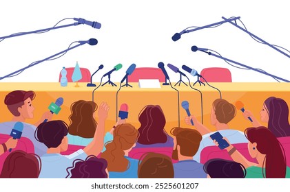 Press conference audience. Empty event tribune. Presentation meeting. Vector illustration