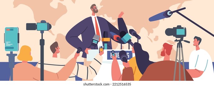 Press Conference, Briefing Concept. Man Speaking to Audience, Journalists or Press Media Workers with Microphones and Cameras Listen to Speaker Male Character on Tribune. Cartoon Vector Illustration