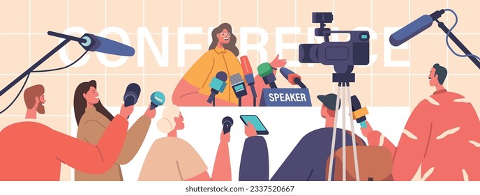 Press Conference, Briefing Concept. Woman Speak to Audience, Journalists or Press Media Workers with Microphones
