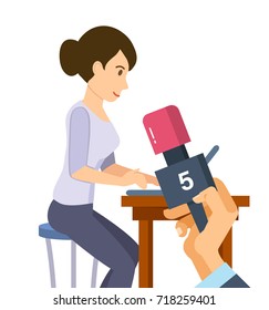 Press conference concept. Communications and live dialogue, interviews, questions, media. Reporters journalists take interview an employee of company, near her workplace. Vector illustration.