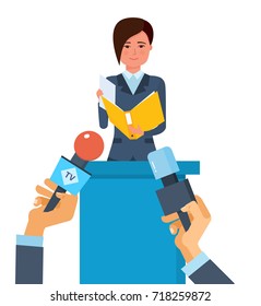 Press conference concept. Communications and live dialogue, interviews, questions, broadcasts, news feeds, media. Reporters journalists take interview at businesswoman. Vector illustration.