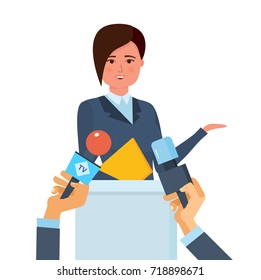 Press conference concept. Communications and live dialogue, interviews, questions, broadcasts, news feeds, media. Reporters journalists take interview of businesswoman. Vector illustration.