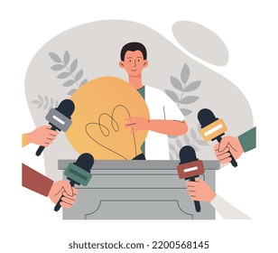 Press conference concept. Man with light bulb in his hands answers questions from journalists. Reporters with microphones interviewing famous and popular personality. Cartoon flat vector illustration