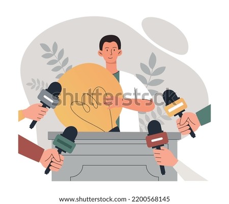 Press conference concept. Man with light bulb in his hands answers questions from journalists. Reporters with microphones interviewing famous and popular personality. Cartoon flat vector illustration
