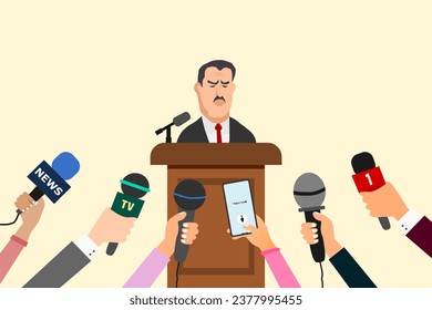 Press conference concept. Man speaking to audience. Journalist or press media hands with microphones and smartphone. Vector illustration.