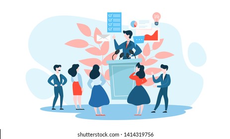 Press conference concept. Politician standing at the microphone and give speech. Journalist taking interview, broadcasting reportage. Vector illustration in cartoon style