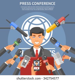  Press conference concept with speaker microphones and dictaphones flat vector illustration 