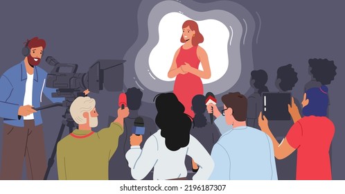 Press Conference Concept. Woman Speaking to Audience, Journalists or Press Media Workers Stand with Microphones, Photo and Video Cameras Listen to Speaker Female Character. Cartoon Vector Illustration