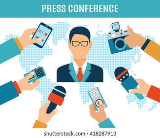 Press conference, election, interview, live report, mass media concept. Vector illustration in flat style of many hands with microphones, recorders and speaker giving interview.