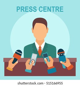 Press conference, election, interview, live report, mass media, press centre concept. Vector Illustration in flat style of many hands with microphones, recorders and speaker giving interview.