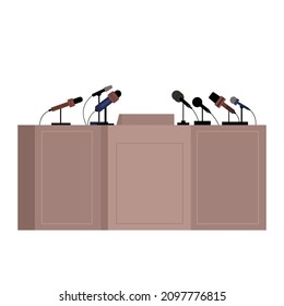 Press conference empty rostrum with microphones, flat cartoon vector illustration isolated on white background. Important hot news, information and media work.