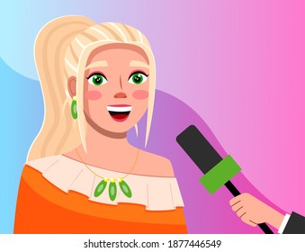 Press conference with green eyed woman. Journalist with microphone interviews a famous blonde girl. Social media and famous person. Young female character with an expensive necklace while recording