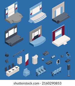 Press conference hall constructor isometric icons set including tribune chairs and presentation equipment isolated vector illustration