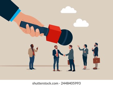 Press conference. Hand holding microphone - media interview. Businessmen handshake. Success communicate, achieve business agreement, partnership deal. Flat vector illustration.