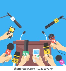 Press conference. Hands holding microphones and digital voice recorders. Rostrum, tribune with microphones. Modern flat design graphic elements. Vector illustration