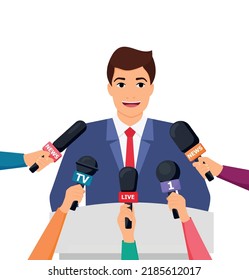 Press conference. Hands holding microphones and digital voice recorders. Rostrum, tribune with microphones. Modern flat design graphic elements. Vector illustration eps 10
