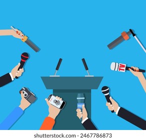 Press conference. Hands holding microphones and digital voice recorders. tribune with microphones. vector illustration in flat design