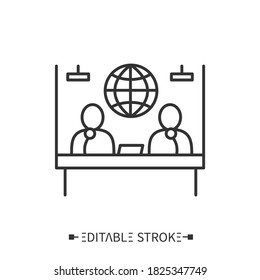 Press conference icon. Two speakers sitting with microphones at the table. Spokesperson. Distribution of information. Answer questions from journalists. Media event concept .Editable illustration 