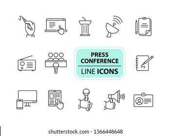 Press conference icons. Line icons collection on white background. Interview, tribune, radio. Journalism concept. Vector illustration can be used for topics like media, communication, broadcast