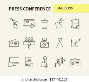 Press conference icons. Line icons collection on white background. Interview, tribune, radio. Journalism concept. Vector illustration can be used for topics like media, communication, broadcast