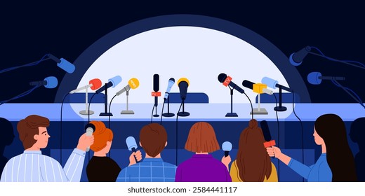 Press conference, interview in auditorium with table, crowd of journalists with microphones waiting for speaker. TV reportage, news announcement, interview for mass media cartoon vector illustration