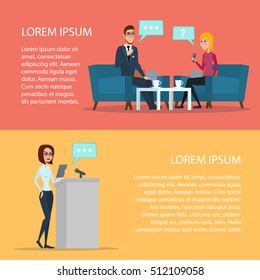 Press conference, interview concept, live report microphones news. Cartoon poster vector illustration. Banners for your web design in business style. Template for your text. Business characters set.