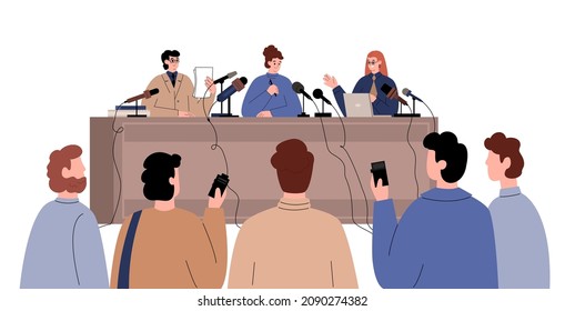 Press Conference Interview Flat Vector Illustration. Celebrity Star Or Politician Sitting At Tribune Table With A Microphone Answering Journalist's Questions. Speaker's Speech At Presentation.