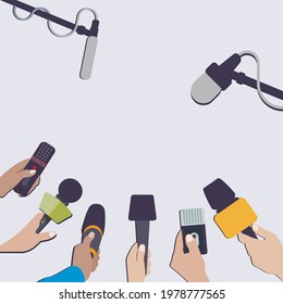 Press conference and interview, journalism broadcasting, recorder and microphone, reporter communication, banner for news and report. Vector illustration