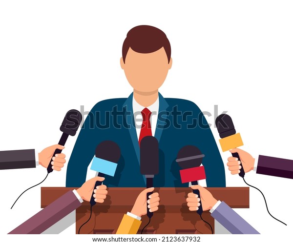 Press conference interview. Microphone of media\
journalist on press conference. Tv reporter on politics news. Hands\
holding microphones for man on reportage. Social, politician,\
business news. Vector.