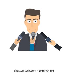 Press conference. Interview with microphones, vector illustration
