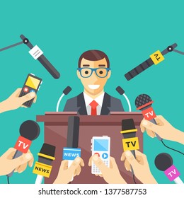 Press conference, interview, news concepts. Hands holding microphones and voice recorders, man standing at tribune with microphones. Flat design. Vector illustration